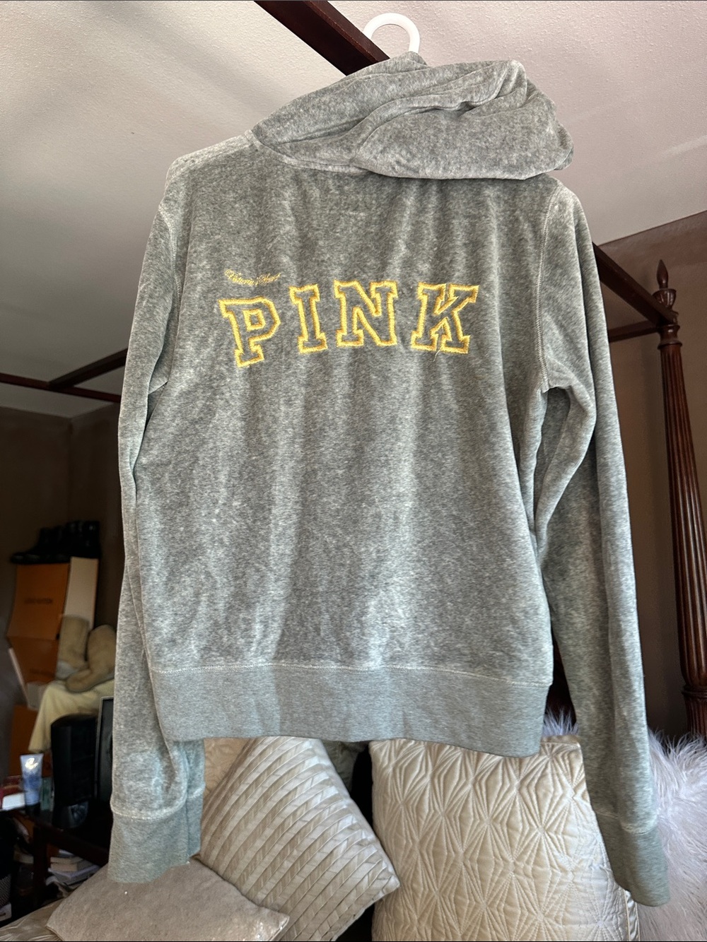 PINK Victoria's Secret Gray Zip-Up Hoodie and yoga pants with Yellow Script - Picture 5 of 13